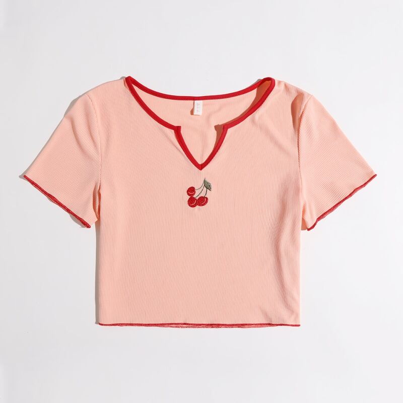 

Cherry Print Ringer Crop Tee, Coral pink