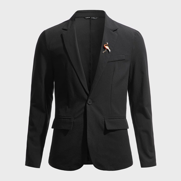 

Men Flamingo Brooch Detail Single Button Up Blazer, Black