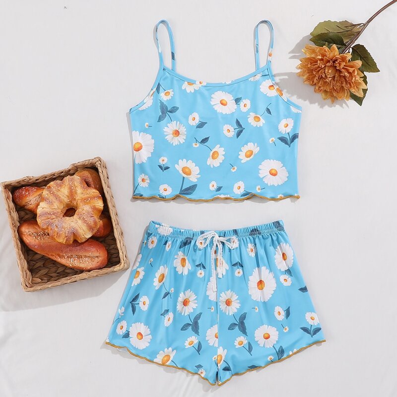 

Floral Print Knot Pajama Set, Baby blue