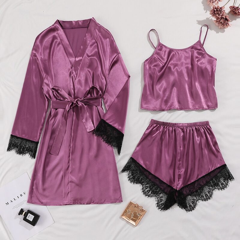 

3 Pack Satin Contrast Lace Belted Night Set, Purple