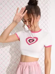 SHEIN Heart Graphic Cropped Ringer Tee - White - View 1