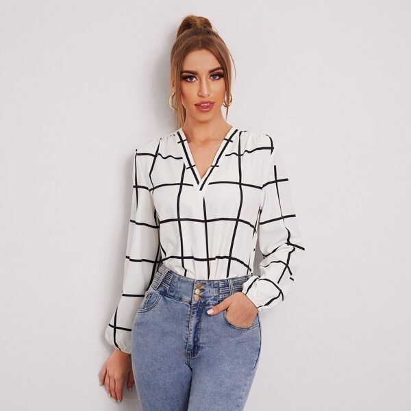 

Lantern Sleeve Grid Top, White