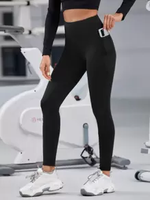 Yoga Basic Solid Sports Leggings With Phone Pocket - Black - View 1
