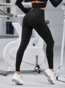 Yoga Basic Solid Sports Leggings With Phone Pocket - Black - View 2