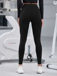 Yoga Basic Solid Sports Leggings With Phone Pocket - Black - View 3