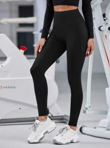 Yoga Basic Solid Sports Leggings With Phone Pocket - Black - View 4