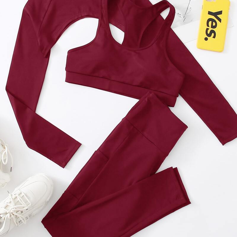 

3pcs Solid Bra & Tee & Leggings Sports Set, Burgundy