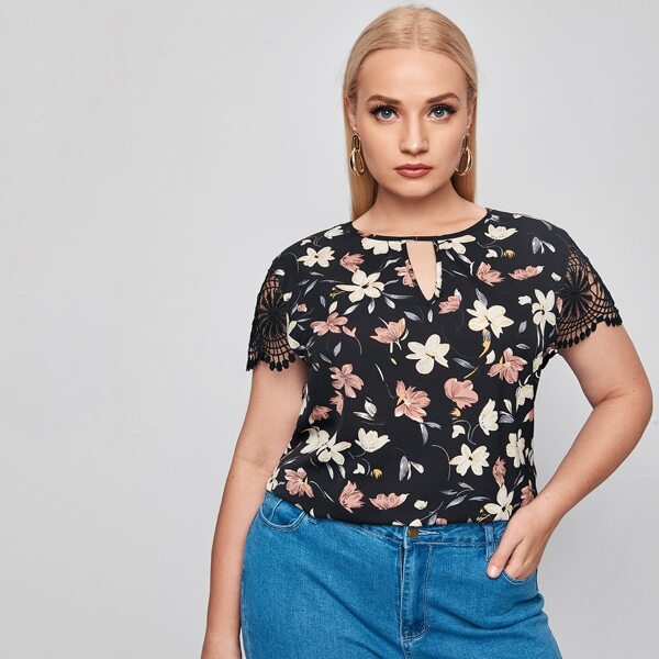 

Plus Keyhole Neck Lace Sleeve Floral Top, Multicolor