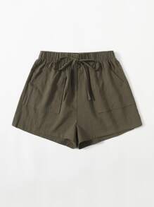 SHEIN 結飾腰前口袋短褲 - 軍綠色 - 查看 4
