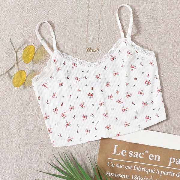 

Lace Trim Floral Cami Top, White
