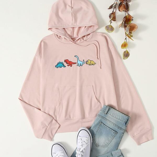

Plus Cartoon Dinosaur Print Drawstring Hoodie, Baby pink