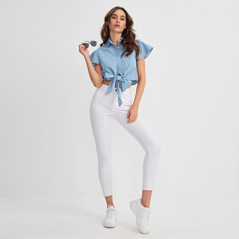 

Flutter Sleeve Tie Hem Denim Blouse, Light wash