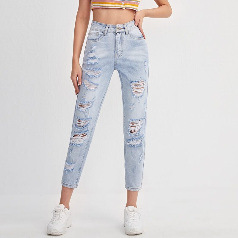 

Zipper Fly Ripped Detail Crop Jeans, Light wash