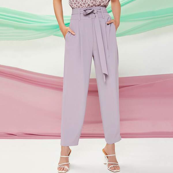 

Self Belted Fold Pleated Pants, Pastel lilac purple