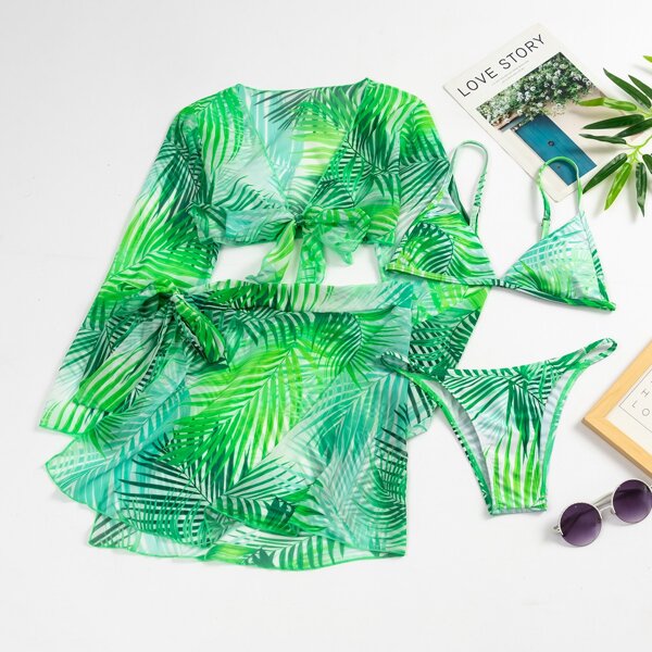

4pack Leaf Print Knot Bikini Swimsuit & Beach Skirt, Multicolor