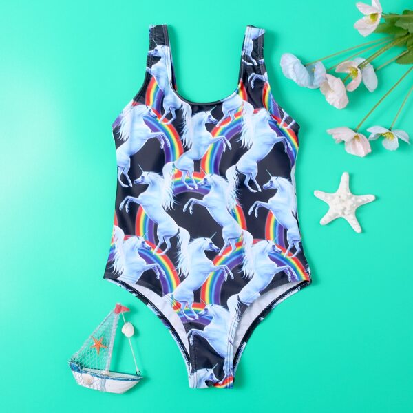 

Girls Unicorn & Rainbow Print One Piece Swimsuit, Multicolor