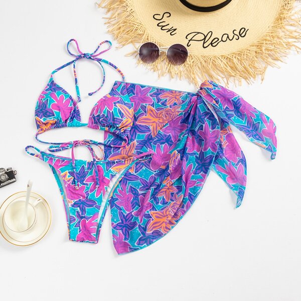 

3pack Floral Triangle Bikini Swimsuit & Beach Skirt, Multicolor
