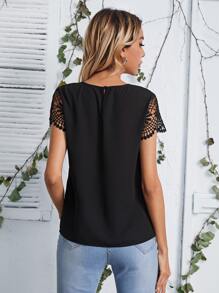 SHEIN LUNE Keyhole Neck Lace Sleeve Top - Black - View 2