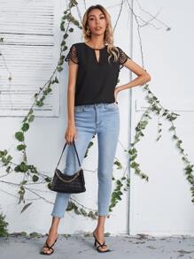 SHEIN LUNE Keyhole Neck Lace Sleeve Top - Black - View 4