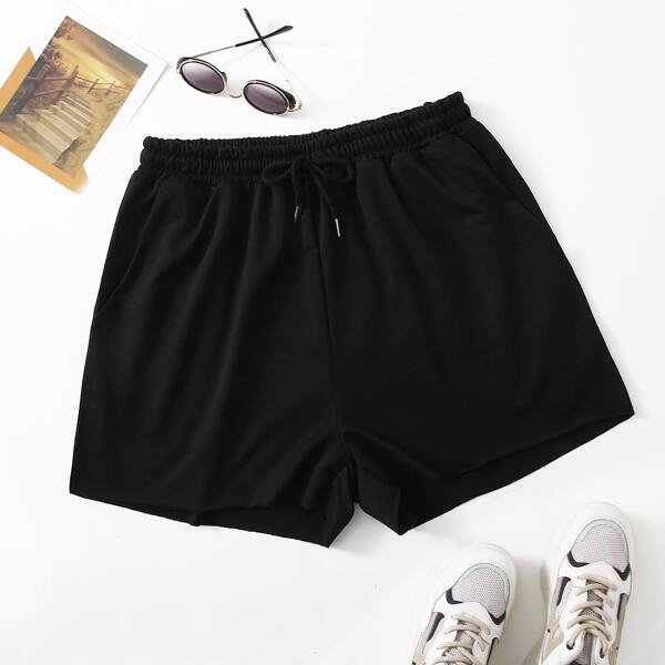 

Plus Solid Drawstring Waist Shorts, Black