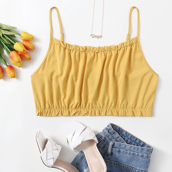 

Plus Solid Frill Trim Crop Cami Top, Yellow