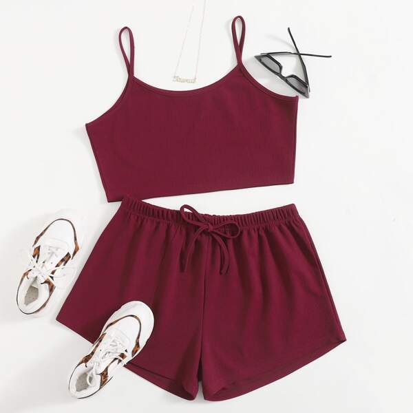 

Plus Solid Crop Cami Top With Shorts, Burgundy