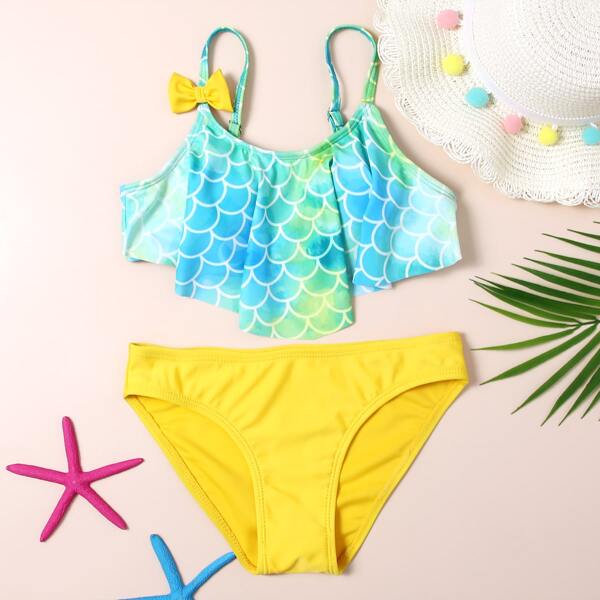 

Girls Fish Scales Bow Decor Bikini Swimsuit, Multicolor