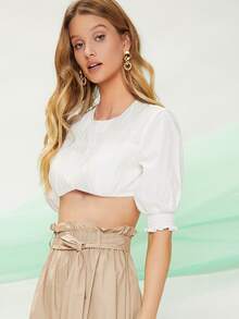 SHEIN Shirred Yoke Crop Top - White - View 5