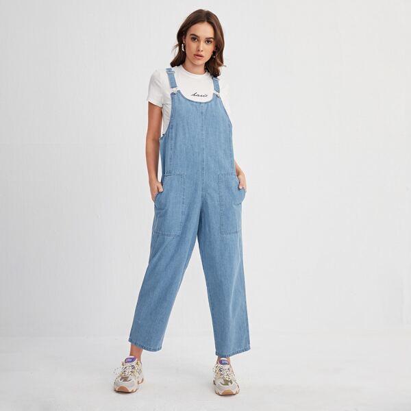 

Pocket Front Adjustable Strap Denim Overalls, Light wash