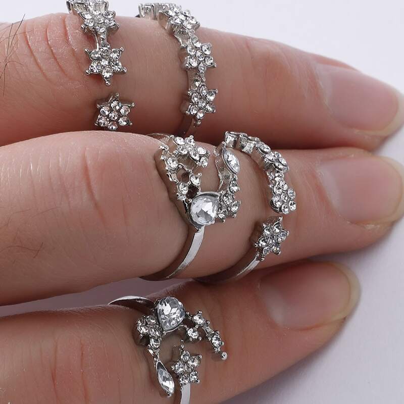 

5pcs Rhinestone Star & Moon Design Ring, Silver