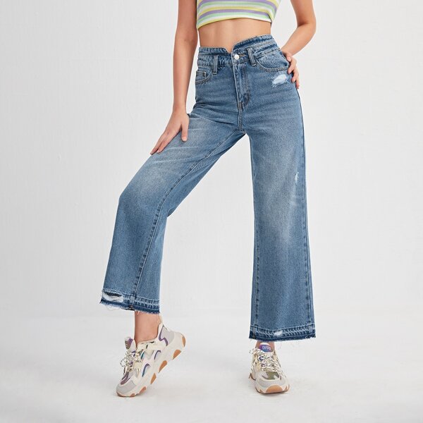 

Notch High Waist Bleach Wash Wide Leg Jeans, Medium wash
