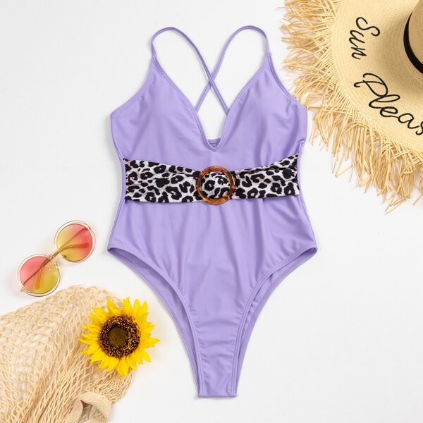 

Ring Buckle Belted One Piece Swimsuit, Pastel lilac purple
