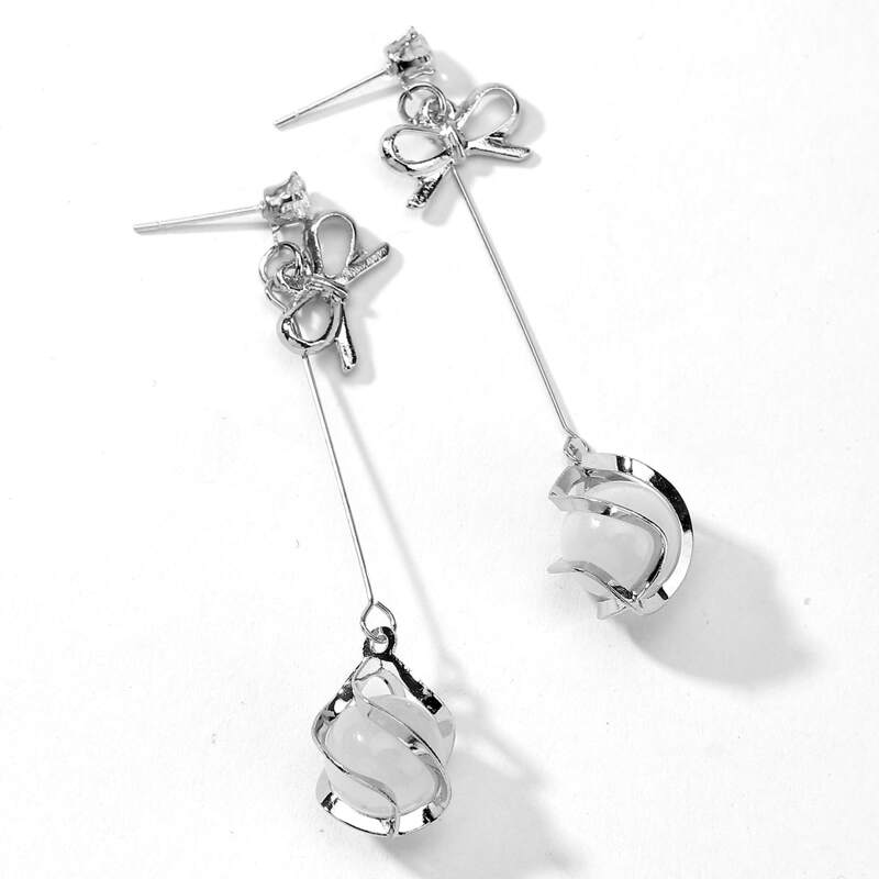 

Opal & Bow Design Drop Earrings, Silver