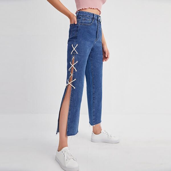 

Lace-up High Split Side Raw Hem Straight Leg Jeans, Medium wash