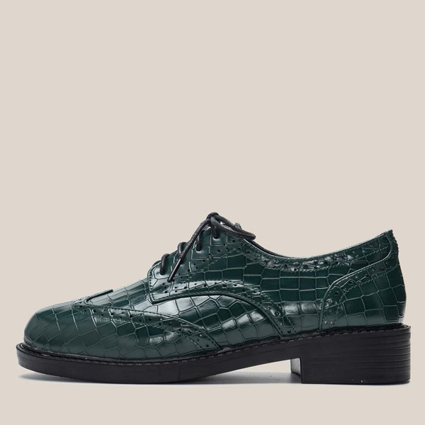 

Lace-up Front Croc Embossed Flats, Dark green