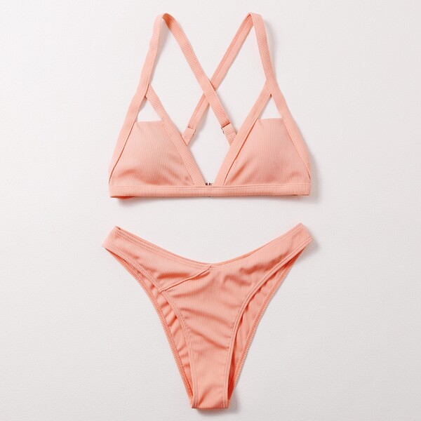 

Rib Cut-out Triangle Bikini Swimsuit, Baby pink