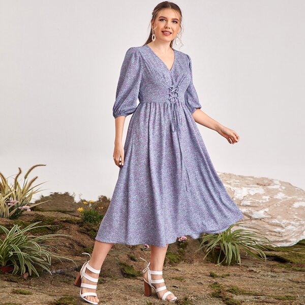 

Plus Lace Up Front Ditsy Floral Dress, Multicolor
