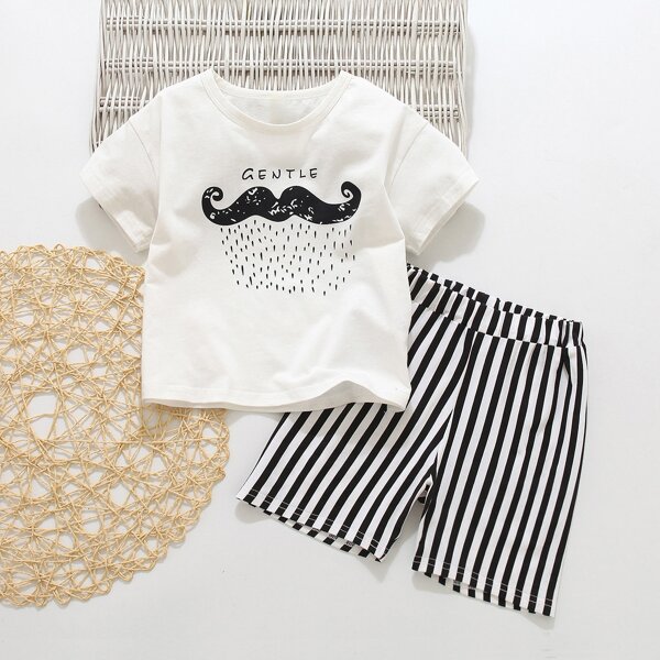 

Toddler Boys Moustache Print Tee & Striped Shorts, Black and white