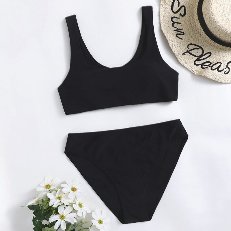 

Scoop Neck High Waist Bikini Swimsuit, Black