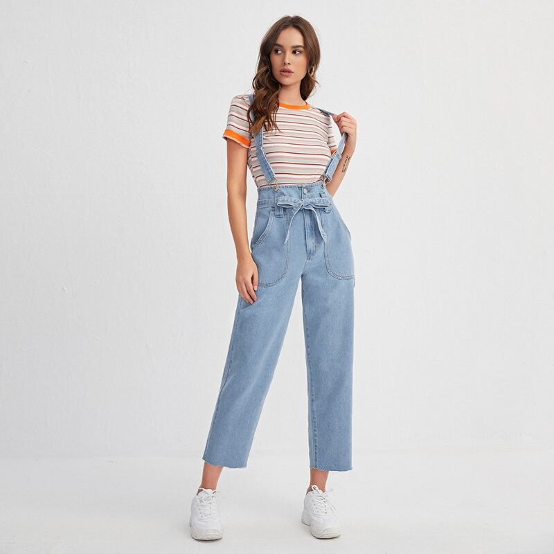 

Slant Pocket Denim Overalls With Adjustable Strap, Light wash