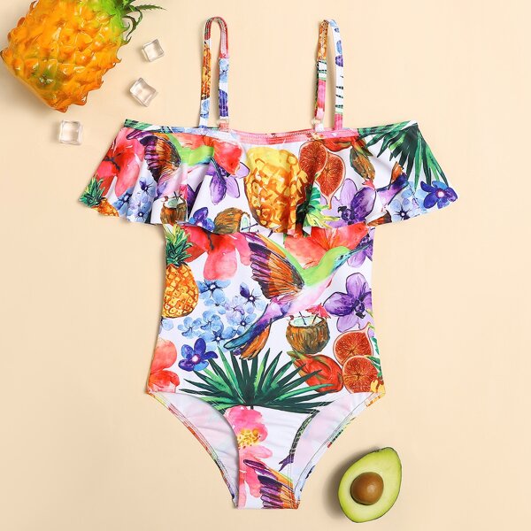 

Girls Floral & Fruit Print One Piece Swimsuit, Multicolor