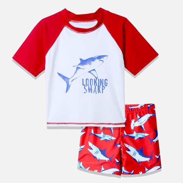 

Boys Shark Print Two Piece Swimsuit, Multicolor