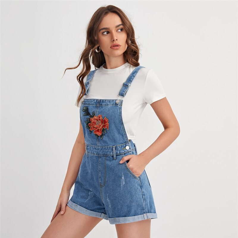 

Floral Patched Denim Overall Romper, Medium wash