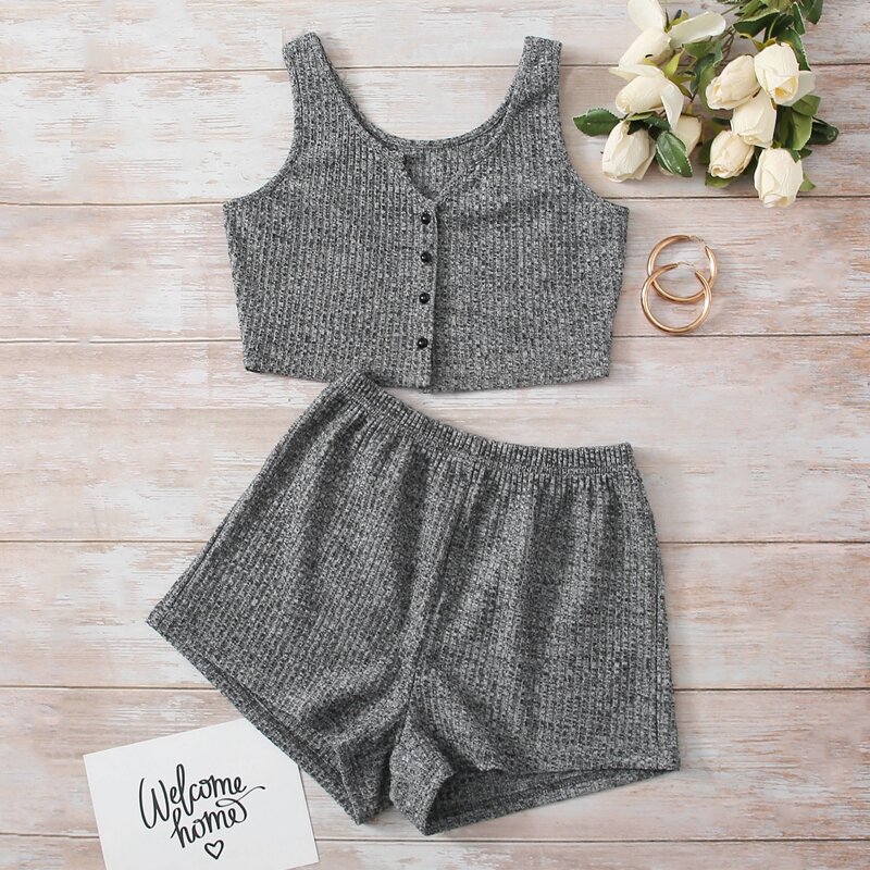 

Button Front Rib-Knit Lounge Set, Dark grey