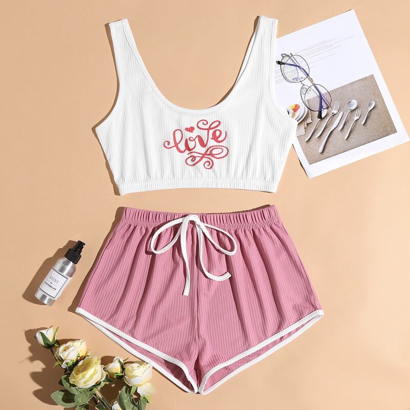 

Letter & Heart Print Knot Pajama Set, Multicolor