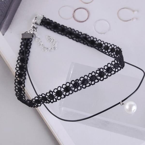 

Faux Pearl Decor Layered Choker, Black