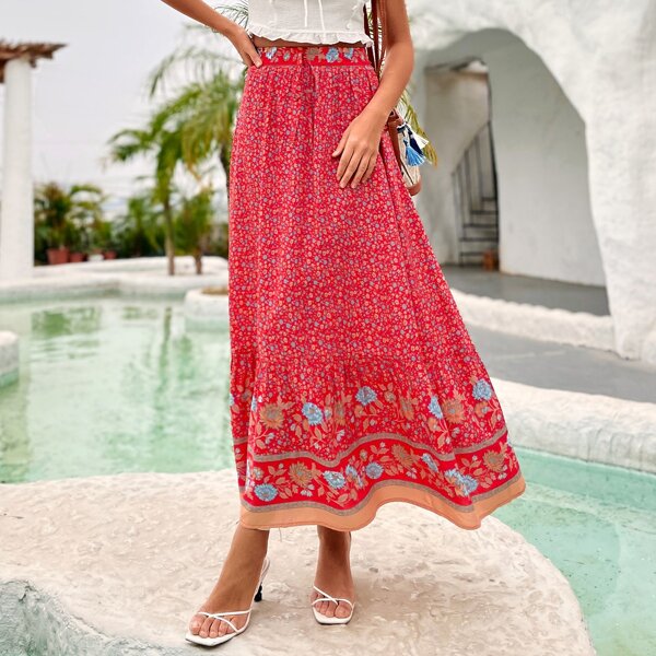 

Floral Print Tie Front Flared Skirt, Red