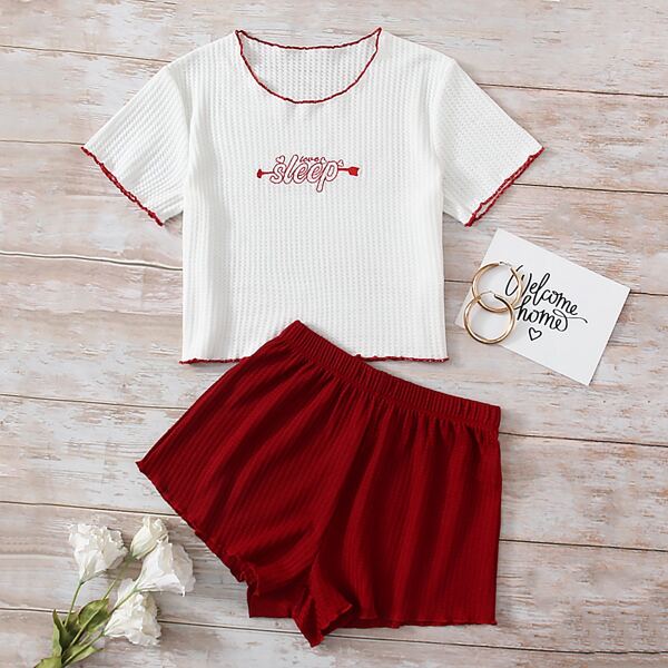 

Letter Embroidery Contrast Binding Pajama Set, Red and white
