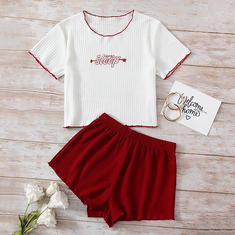

Letter Embroidery Contrast Binding Pajama Set, Red and white