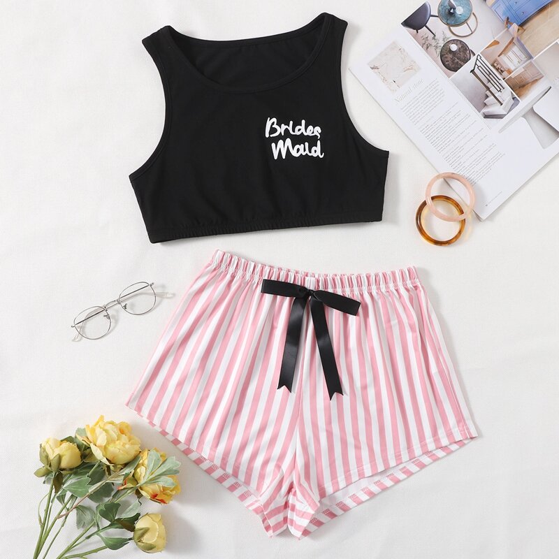 

Letter Graphic Tank Top With Striped Shorts Pajama Set, Multicolor